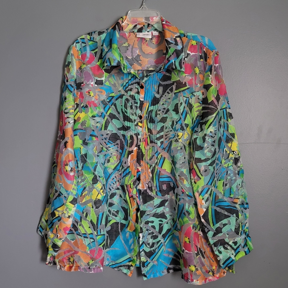Erin London Sheer Button-Front Multicolor Print  Long-Sleeve Shirt Top. Size XL